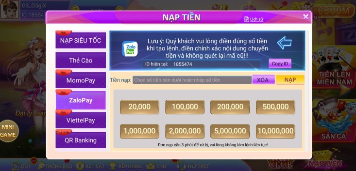 Hướng dẫn nạp tiền app Awin68 bằng Zalopay